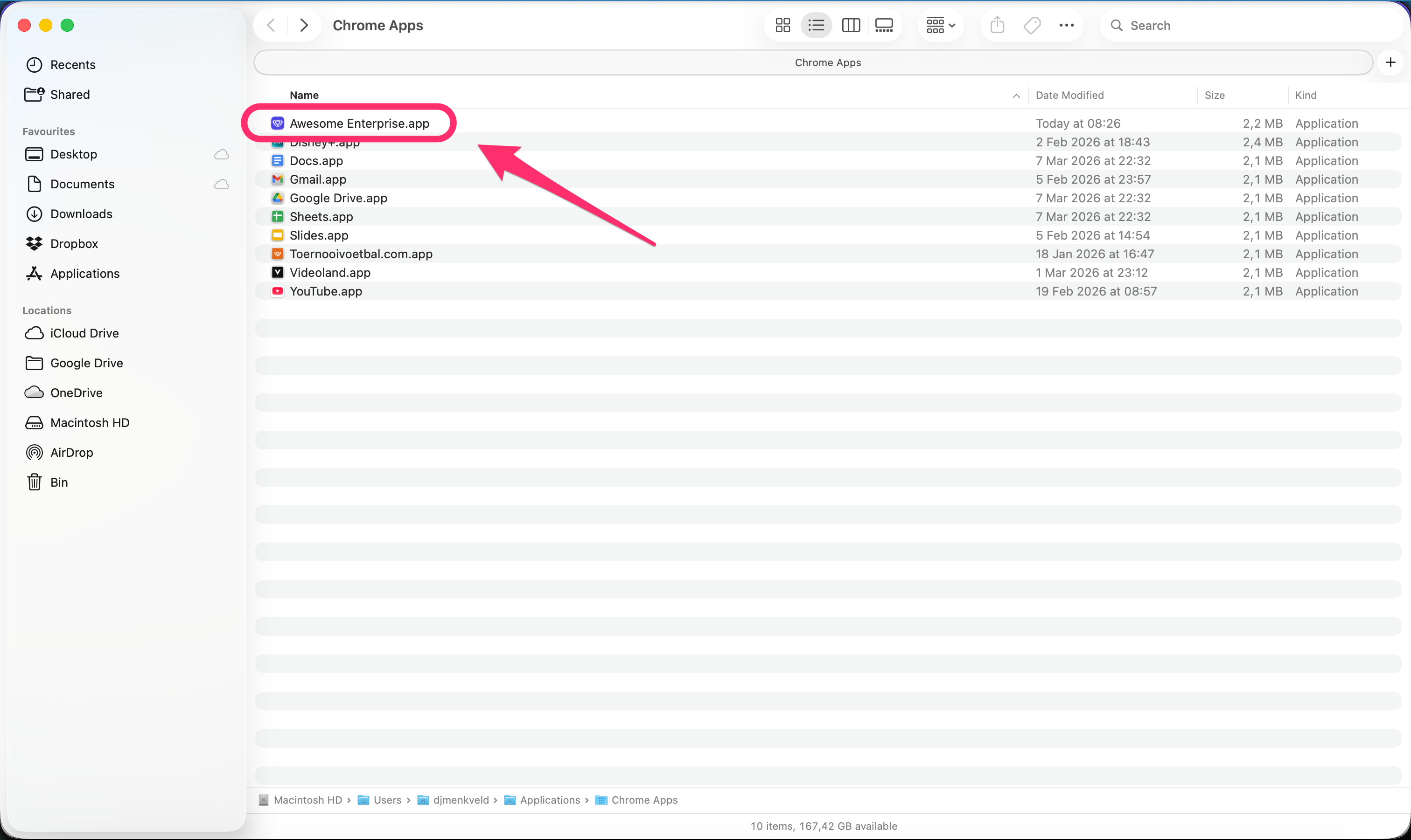 Application enregistrée dans le dossier des applications Chrome