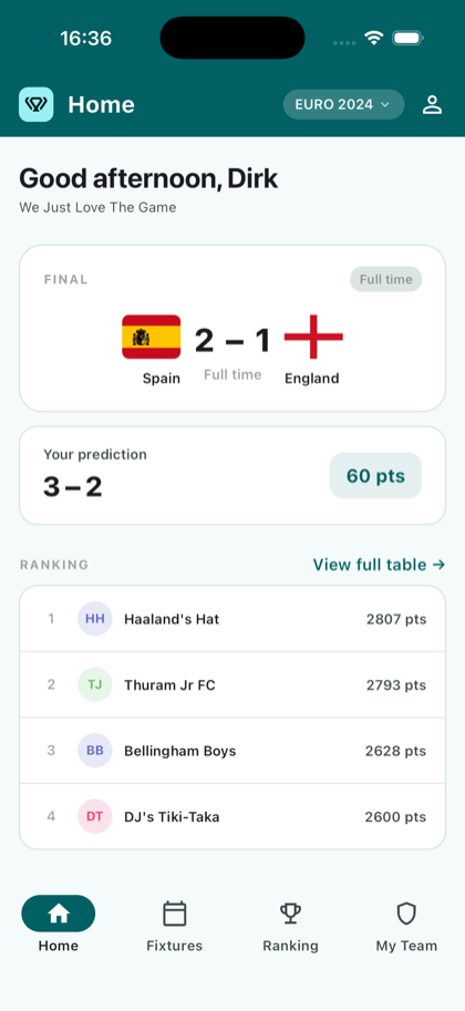 L'application Koppa affichant un résultat de match, votre pronostic et le classement